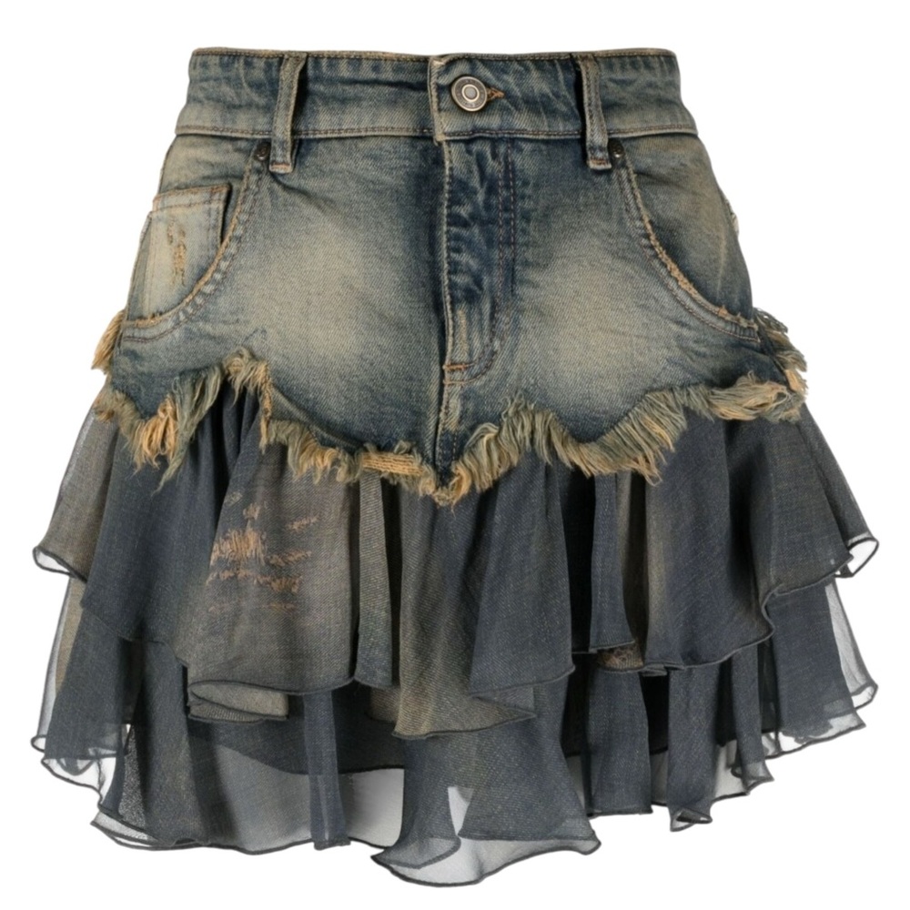 SOLD! BLUMARINE Blue Distressed Punk Silk Ruffle Hem Denim Mini Skirt - US 6/M
